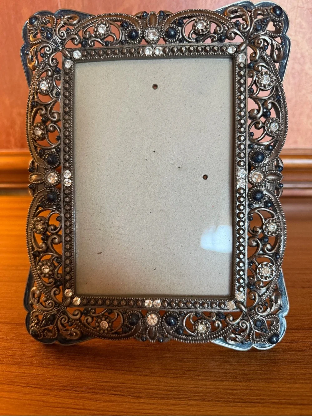 Vintage Ornate Pewter Metal Bejeweled 4x6 Picture Frame Heavy Filigree Crystals
